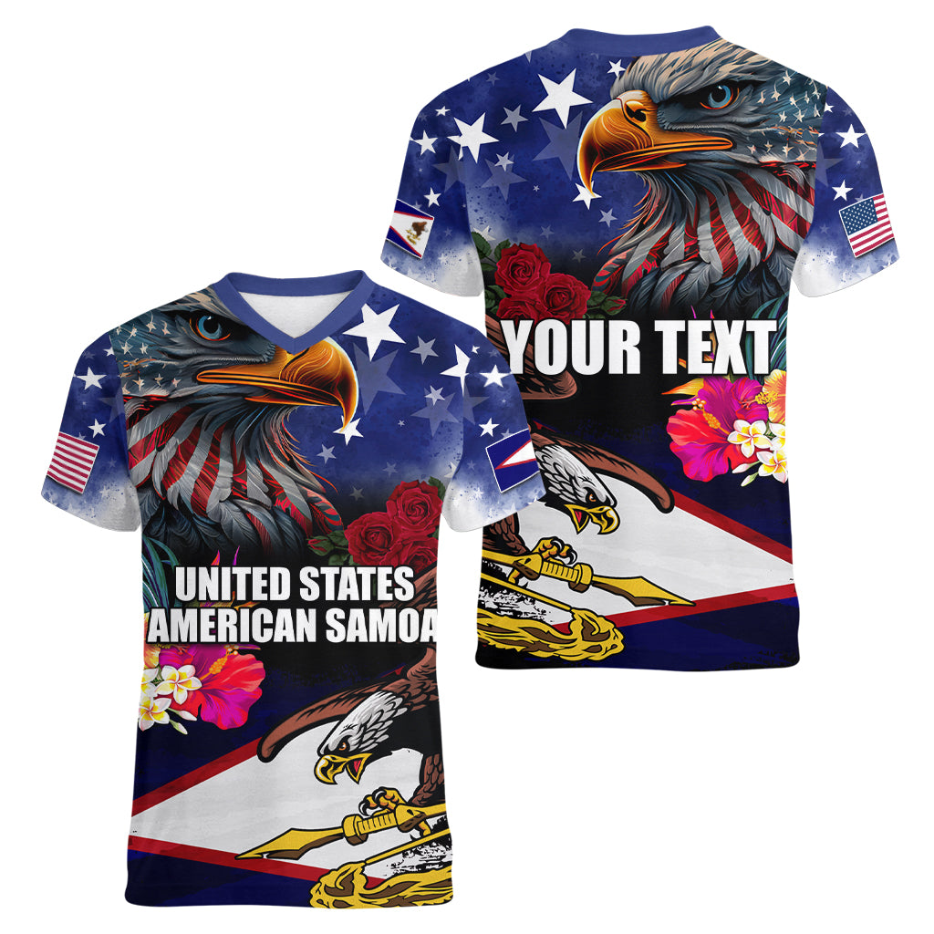 United States and American Samoa Women V-Neck T-Shirt Bald Eagle Rose and Hibiscus Flower