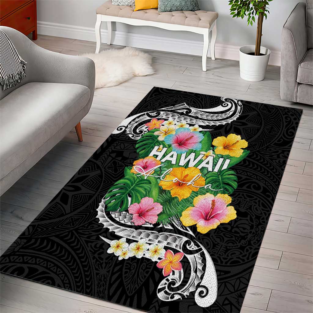Hawaii Aloha Tropical Leaves and Flower Area Rug with Polynesian Art Tattoo Black Color - Polynesian Pride