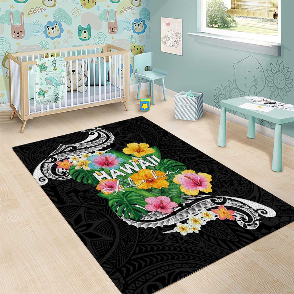 Hawaii Aloha Tropical Leaves and Flower Area Rug with Polynesian Art Tattoo Black Color - Polynesian Pride
