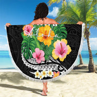 Hawaii Aloha Tropical Leaves and Flower Beach Blanket with Polynesian Art Tattoo Black Color - Polynesian Pride