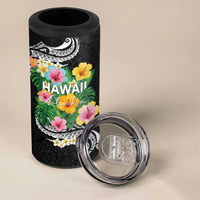 Hawaii Aloha Tropical Leaves and Flower 4 in 1 Can Cooler Tumbler with Polynesian Art Tattoo Black Color - Polynesian Pride