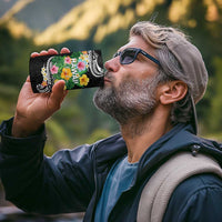 Hawaii Aloha Tropical Leaves and Flower 4 in 1 Can Cooler Tumbler with Polynesian Art Tattoo Black Color - Polynesian Pride