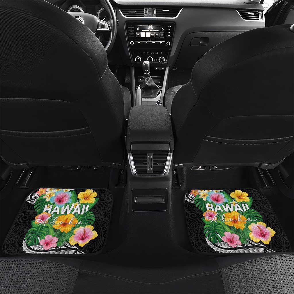 Hawaii Aloha Tropical Leaves and Flower Car Mats with Polynesian Art Tattoo Black Color - Polynesian Pride