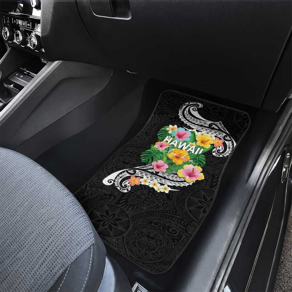 Hawaii Aloha Tropical Leaves and Flower Car Mats with Polynesian Art Tattoo Black Color - Polynesian Pride