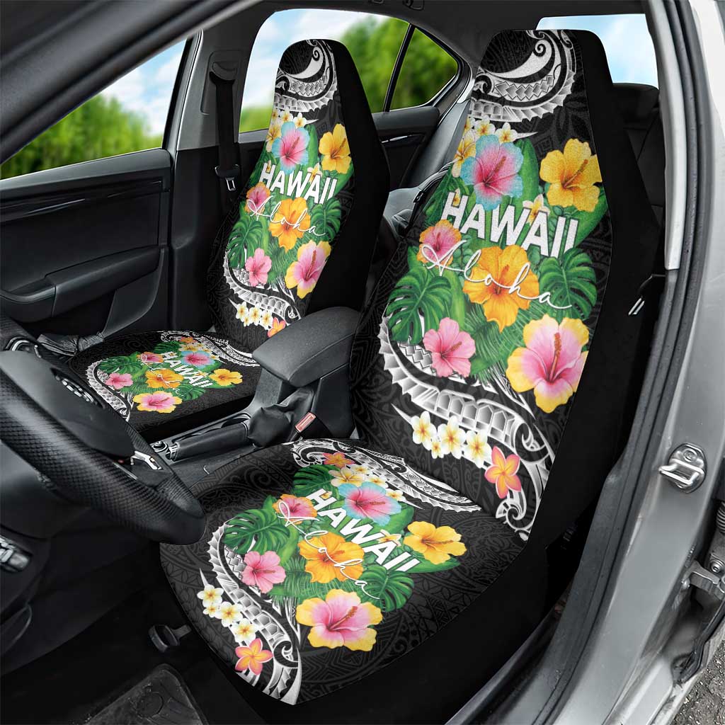 Hawaii Aloha Tropical Leaves and Flower Car Seat Cover with Polynesian Art Tattoo Black Color - Polynesian Pride