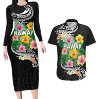 Hawaii Aloha Tropical Leaves and Flower Couples Matching Long Sleeve Bodycon Dress and Hawaiian Shirt with Polynesian Art Tattoo Black Color LT03 Black - Polynesian Pride