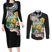Hawaii Aloha Tropical Leaves and Flower Couples Matching Long Sleeve Bodycon Dress and Long Sleeve Button Shirt with Polynesian Art Tattoo Black Color LT03 Black - Polynesian Pride