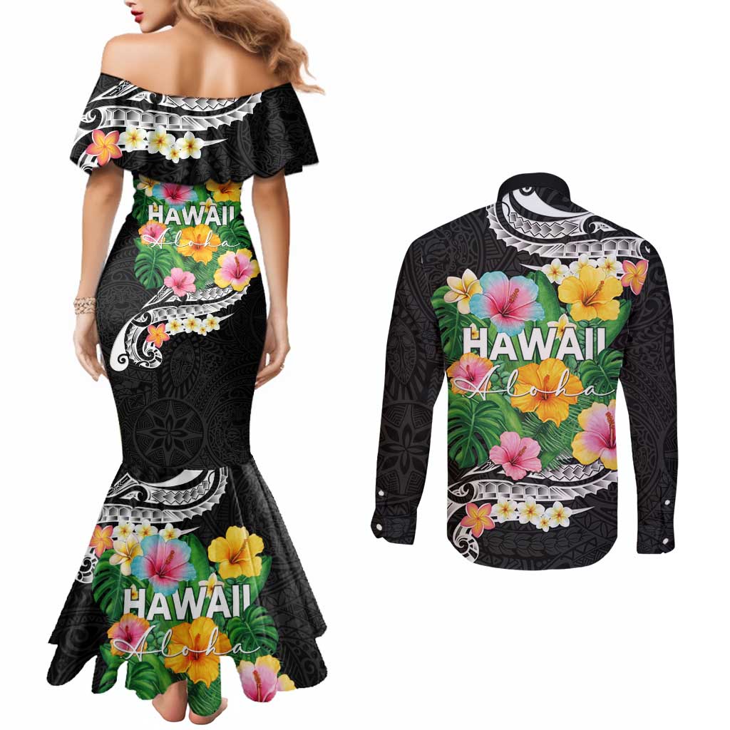 Hawaii Aloha Tropical Leaves and Flower Couples Matching Mermaid Dress and Long Sleeve Button Shirt with Polynesian Art Tattoo Black Color LT03 - Polynesian Pride