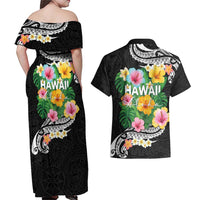 Hawaii Aloha Tropical Leaves and Flower Couples Matching Off Shoulder Maxi Dress and Hawaiian Shirt with Polynesian Art Tattoo Black Color LT03 - Polynesian Pride