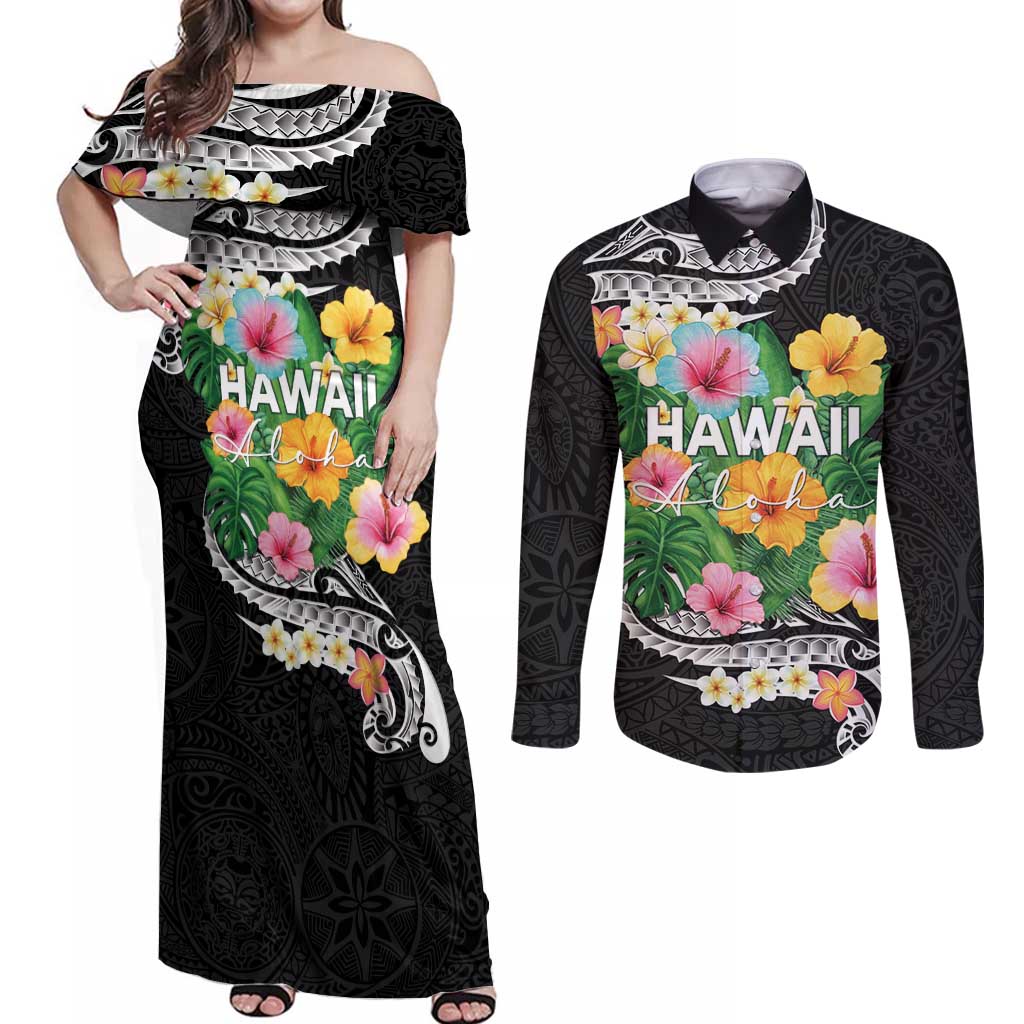 Hawaii Aloha Tropical Leaves and Flower Couples Matching Off Shoulder Maxi Dress and Long Sleeve Button Shirt with Polynesian Art Tattoo Black Color LT03 Black - Polynesian Pride