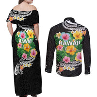 Hawaii Aloha Tropical Leaves and Flower Couples Matching Off Shoulder Maxi Dress and Long Sleeve Button Shirt with Polynesian Art Tattoo Black Color LT03 - Polynesian Pride