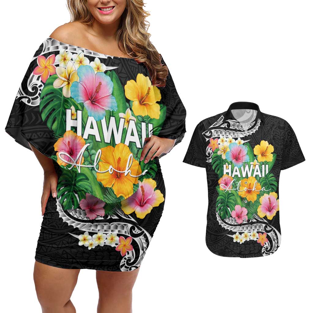 Hawaii Aloha Tropical Leaves and Flower Couples Matching Off Shoulder Short Dress and Hawaiian Shirt with Polynesian Art Tattoo Black Color LT03 Black - Polynesian Pride