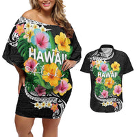 Hawaii Aloha Tropical Leaves and Flower Couples Matching Off Shoulder Short Dress and Hawaiian Shirt with Polynesian Art Tattoo Black Color LT03 Black - Polynesian Pride