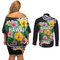 Hawaii Aloha Tropical Leaves and Flower Couples Matching Off Shoulder Short Dress and Long Sleeve Button Shirt with Polynesian Art Tattoo Black Color LT03 - Polynesian Pride