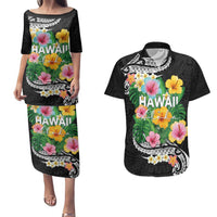 Hawaii Aloha Tropical Leaves and Flower Couples Matching Puletasi and Hawaiian Shirt with Polynesian Art Tattoo Black Color LT03 Black - Polynesian Pride