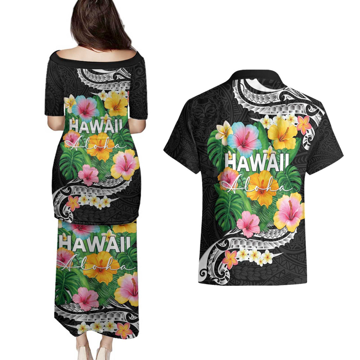Hawaii Aloha Tropical Leaves and Flower Couples Matching Puletasi and Hawaiian Shirt with Polynesian Art Tattoo Black Color LT03 - Polynesian Pride