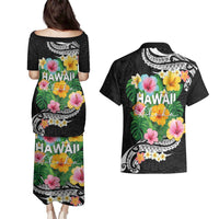 Hawaii Aloha Tropical Leaves and Flower Couples Matching Puletasi and Hawaiian Shirt with Polynesian Art Tattoo Black Color LT03 - Polynesian Pride