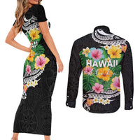 Hawaii Aloha Tropical Leaves and Flower Couples Matching Short Sleeve Bodycon Dress and Long Sleeve Button Shirt with Polynesian Art Tattoo Black Color LT03 - Polynesian Pride