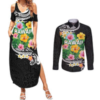 Hawaii Aloha Tropical Leaves and Flower Couples Matching Summer Maxi Dress and Long Sleeve Button Shirt with Polynesian Art Tattoo Black Color LT03 Black - Polynesian Pride