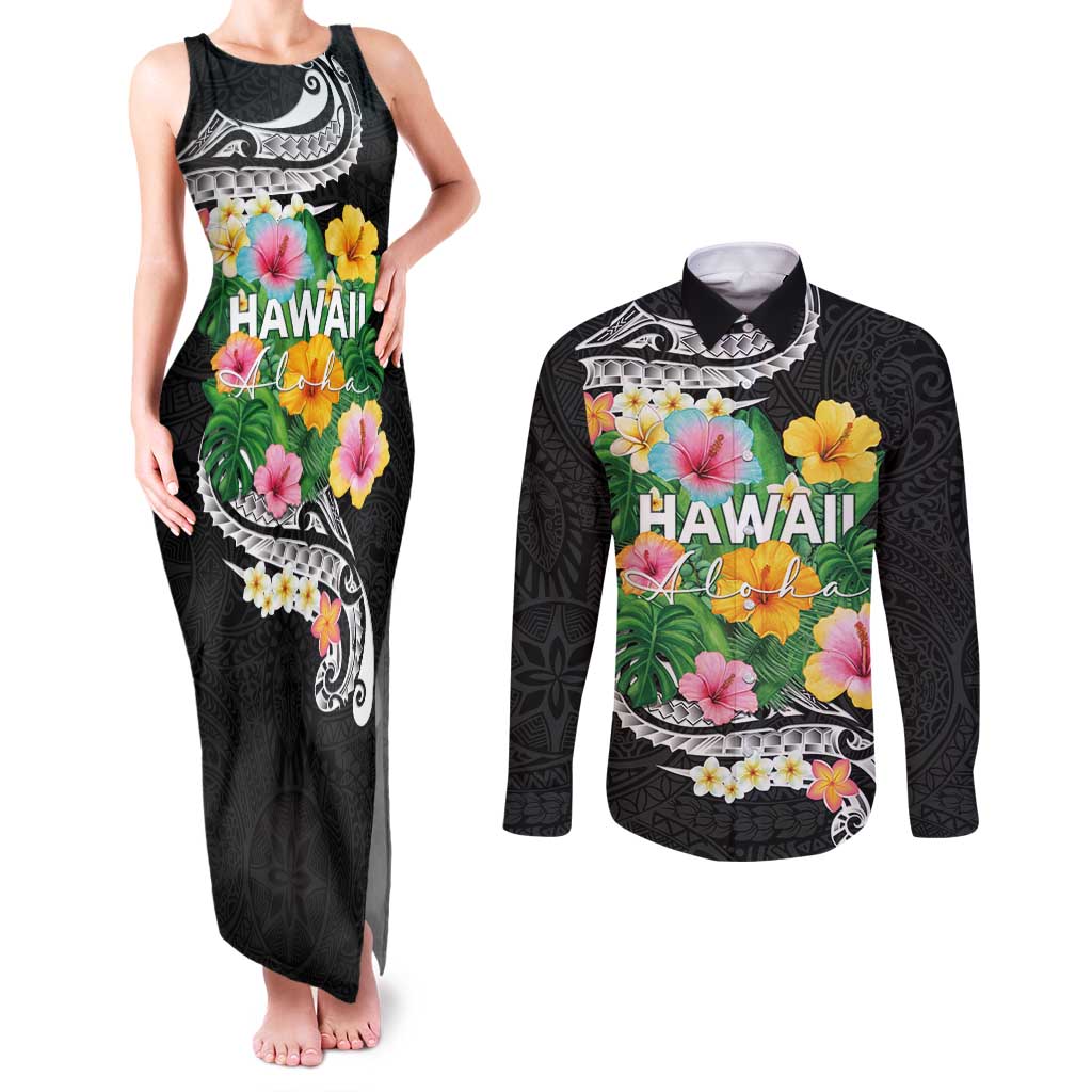 Hawaii Aloha Tropical Leaves and Flower Couples Matching Tank Maxi Dress and Long Sleeve Button Shirt with Polynesian Art Tattoo Black Color LT03 Black - Polynesian Pride
