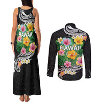 Hawaii Aloha Tropical Leaves and Flower Couples Matching Tank Maxi Dress and Long Sleeve Button Shirt with Polynesian Art Tattoo Black Color LT03 - Polynesian Pride