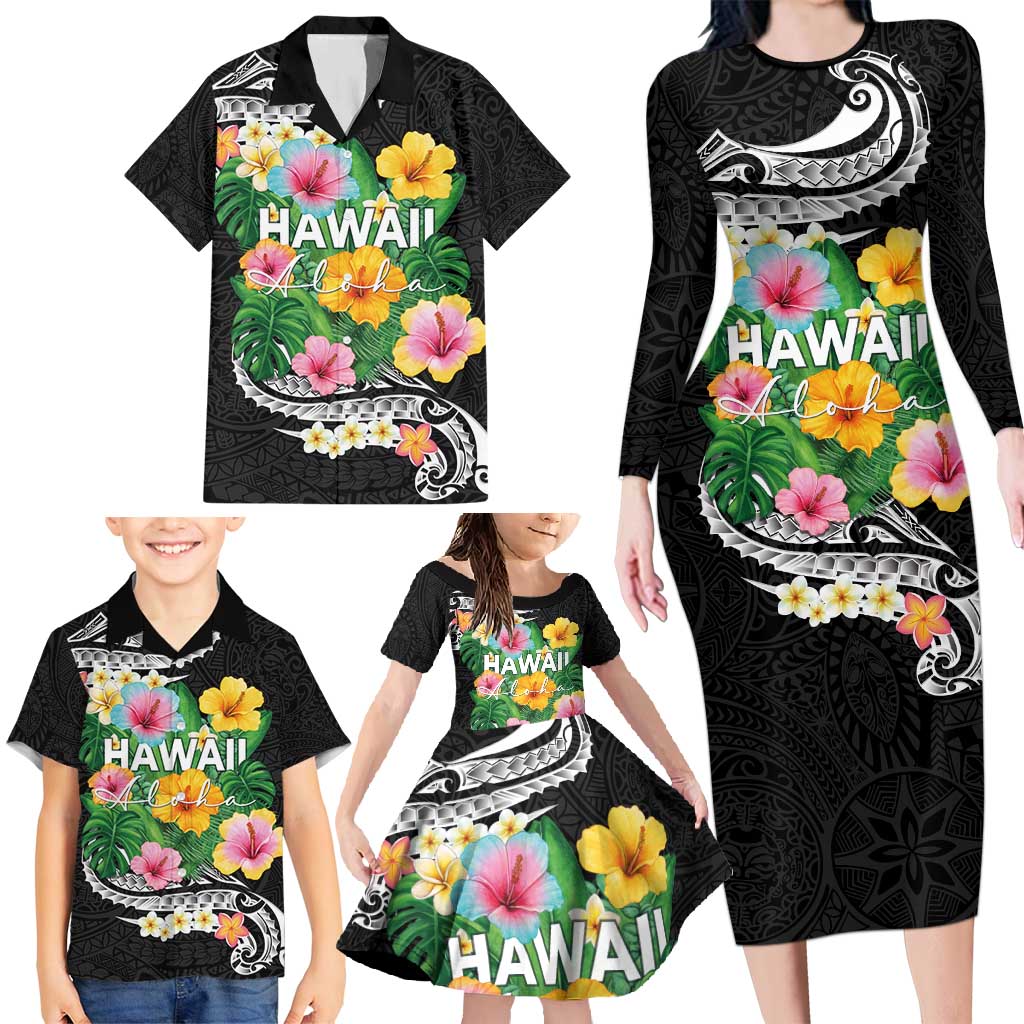 Hawaii Aloha Tropical Leaves and Flower Family Matching Long Sleeve Bodycon Dress and Hawaiian Shirt with Polynesian Art Tattoo Black Color LT03 - Polynesian Pride