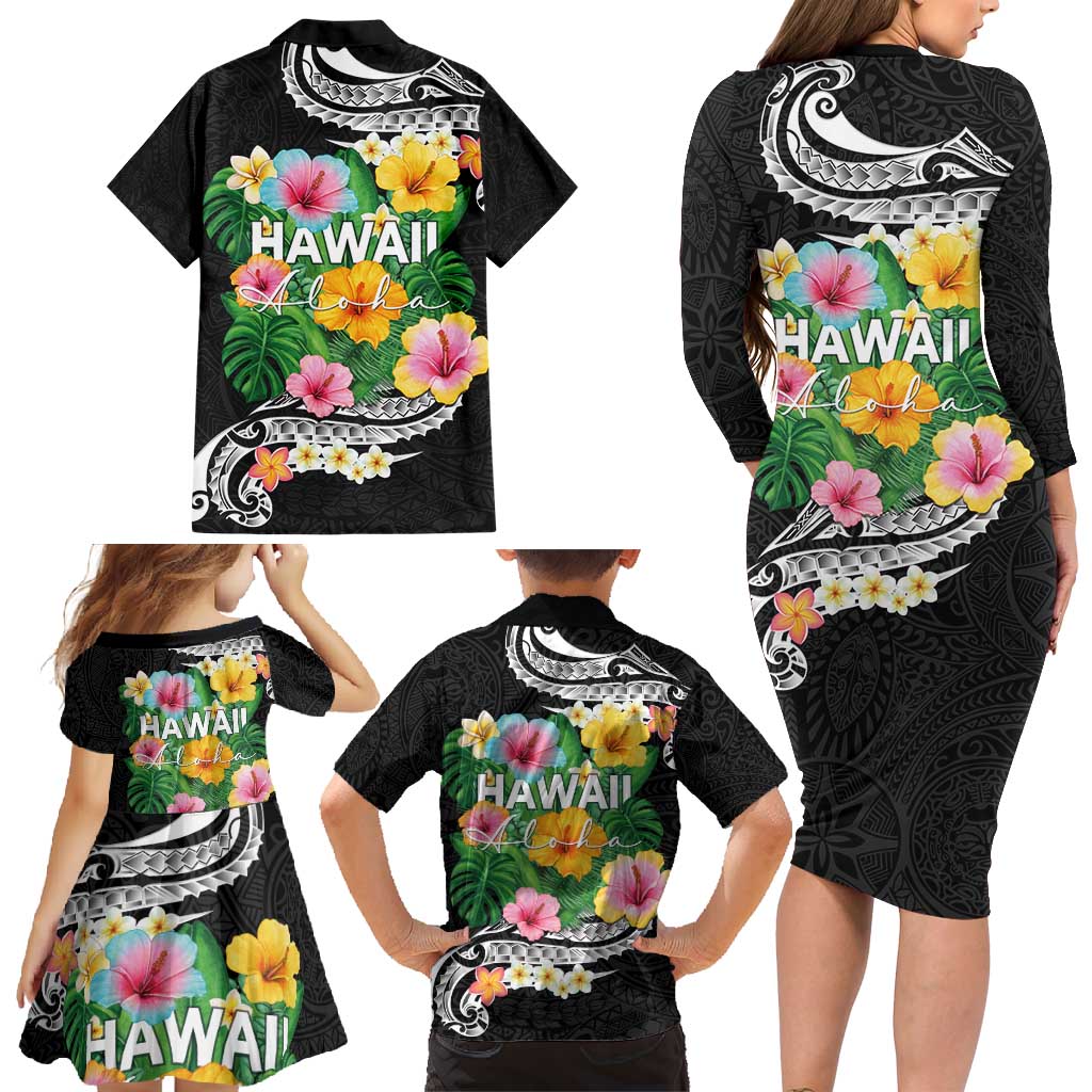 Hawaii Aloha Tropical Leaves and Flower Family Matching Long Sleeve Bodycon Dress and Hawaiian Shirt with Polynesian Art Tattoo Black Color LT03 - Polynesian Pride