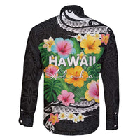 Hawaii Aloha Tropical Leaves and Flower Family Matching Long Sleeve Bodycon Dress and Hawaiian Shirt with Polynesian Art Tattoo Black Color LT03 - Polynesian Pride