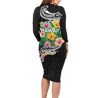Hawaii Aloha Tropical Leaves and Flower Family Matching Long Sleeve Bodycon Dress and Hawaiian Shirt with Polynesian Art Tattoo Black Color LT03 - Polynesian Pride