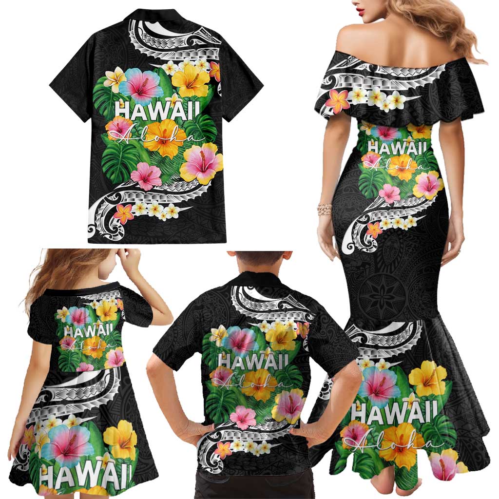 Hawaii Aloha Tropical Leaves and Flower Family Matching Mermaid Dress and Hawaiian Shirt with Polynesian Art Tattoo Black Color LT03 - Polynesian Pride