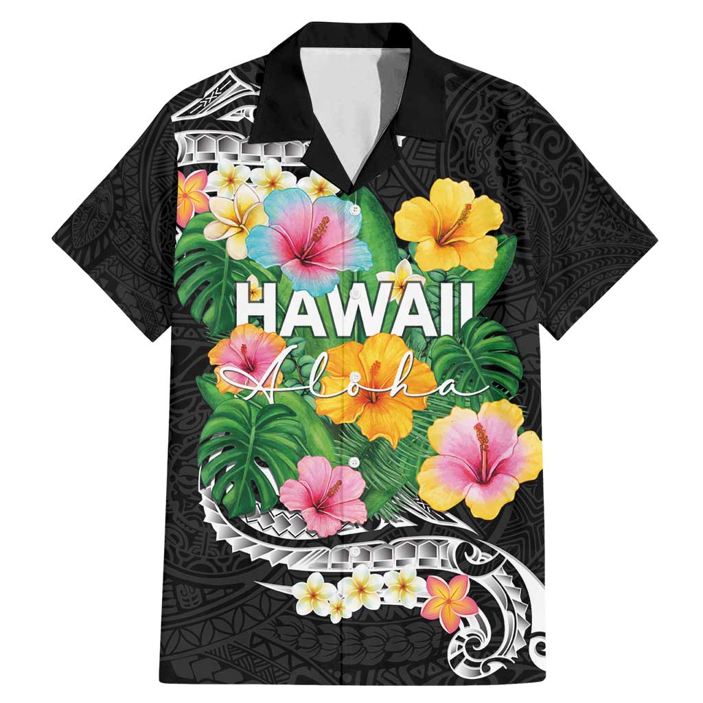 Hawaii Aloha Tropical Leaves and Flower Family Matching Mermaid Dress and Hawaiian Shirt with Polynesian Art Tattoo Black Color LT03 Dad's Shirt - Short Sleeve Black - Polynesian Pride