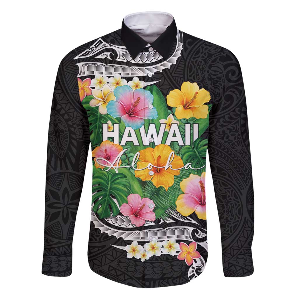 Hawaii Aloha Tropical Leaves and Flower Family Matching Mermaid Dress and Hawaiian Shirt with Polynesian Art Tattoo Black Color LT03 Dad's Shirt - Long Sleeve Black - Polynesian Pride