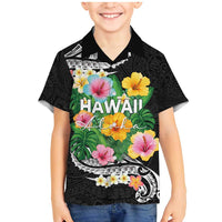 Hawaii Aloha Tropical Leaves and Flower Family Matching Mermaid Dress and Hawaiian Shirt with Polynesian Art Tattoo Black Color LT03 Son's Shirt Black - Polynesian Pride