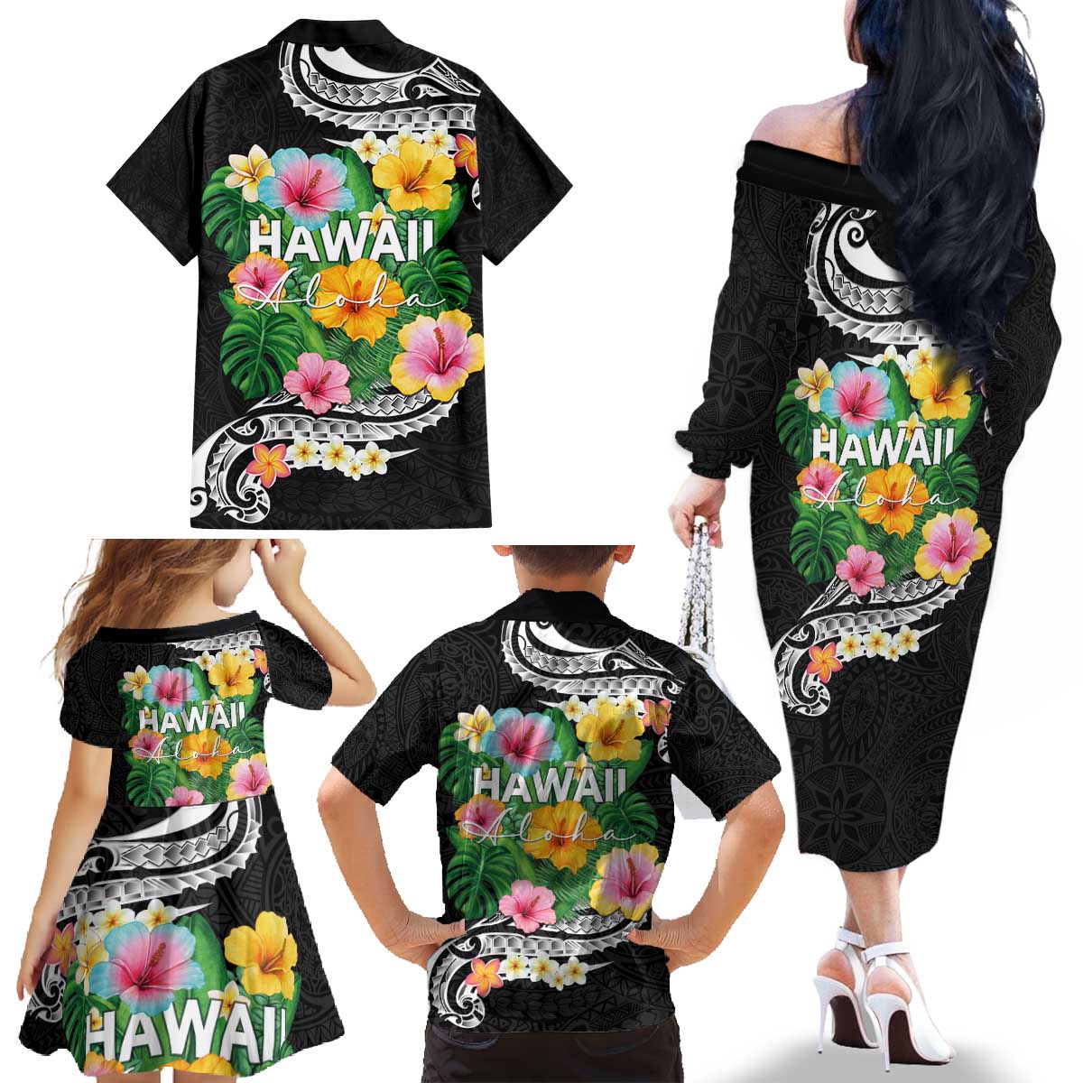 Hawaii Aloha Tropical Leaves and Flower Family Matching Off The Shoulder Long Sleeve Dress and Hawaiian Shirt with Polynesian Art Tattoo Black Color LT03 - Polynesian Pride