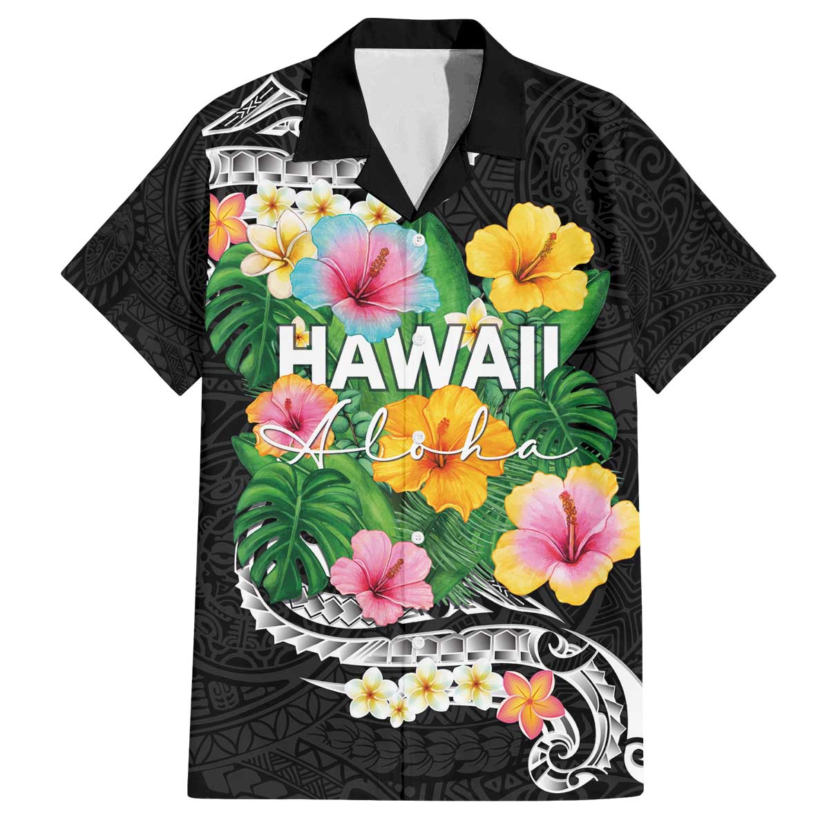 Hawaii Aloha Tropical Leaves and Flower Family Matching Off The Shoulder Long Sleeve Dress and Hawaiian Shirt with Polynesian Art Tattoo Black Color LT03 Dad's Shirt - Short Sleeve Black - Polynesian Pride
