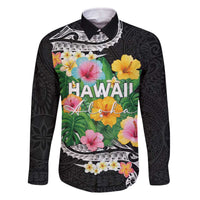 Hawaii Aloha Tropical Leaves and Flower Family Matching Off The Shoulder Long Sleeve Dress and Hawaiian Shirt with Polynesian Art Tattoo Black Color LT03 Dad's Shirt - Long Sleeve Black - Polynesian Pride
