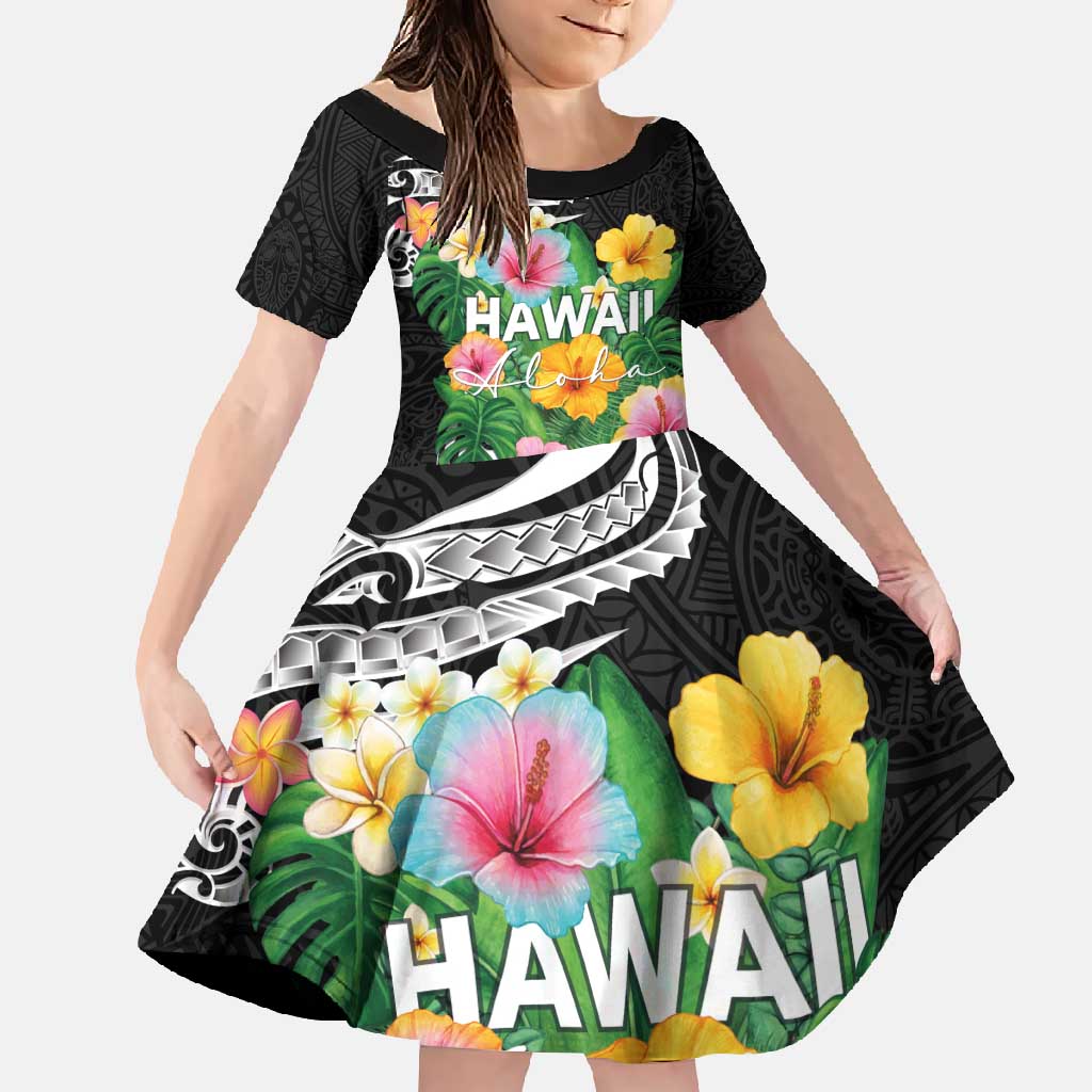 Hawaii Aloha Tropical Leaves and Flower Family Matching Off Shoulder Maxi Dress and Hawaiian Shirt with Polynesian Art Tattoo Black Color LT03 Daughter's Dress Black - Polynesian Pride