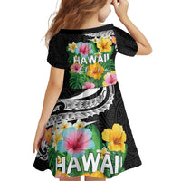 Hawaii Aloha Tropical Leaves and Flower Family Matching Off Shoulder Short Dress and Hawaiian Shirt with Polynesian Art Tattoo Black Color LT03 - Polynesian Pride