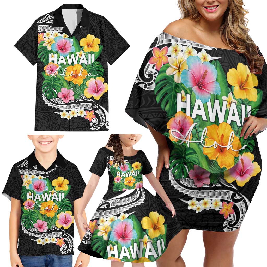 Hawaii Aloha Tropical Leaves and Flower Family Matching Off Shoulder Short Dress and Hawaiian Shirt with Polynesian Art Tattoo Black Color - Polynesian Pride