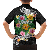 Hawaii Aloha Tropical Leaves and Flower Family Matching Puletasi and Hawaiian Shirt with Polynesian Art Tattoo Black Color LT03 - Polynesian Pride