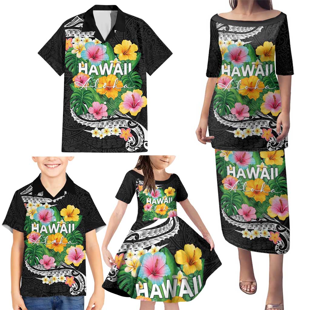 Hawaii Aloha Tropical Leaves and Flower Family Matching Puletasi and Hawaiian Shirt with Polynesian Art Tattoo Black Color LT03 - Polynesian Pride