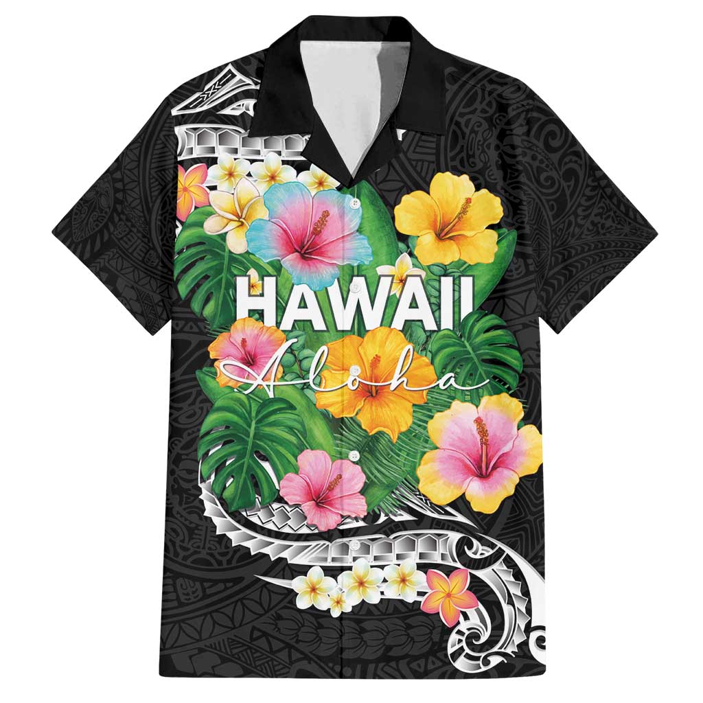 Hawaii Aloha Tropical Leaves and Flower Family Matching Puletasi and Hawaiian Shirt with Polynesian Art Tattoo Black Color LT03 Dad's Shirt - Short Sleeve Black - Polynesian Pride