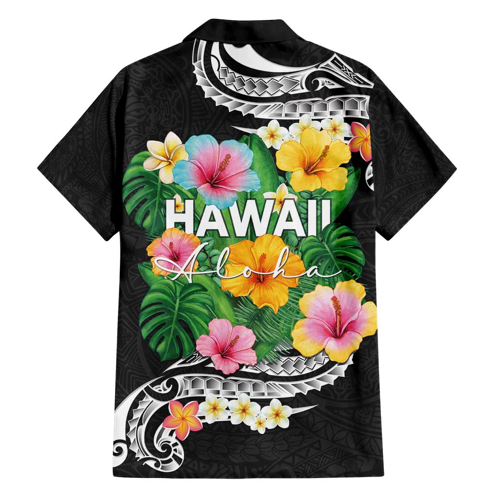 Hawaii Aloha Tropical Leaves and Flower Family Matching Puletasi and Hawaiian Shirt with Polynesian Art Tattoo Black Color LT03 - Polynesian Pride