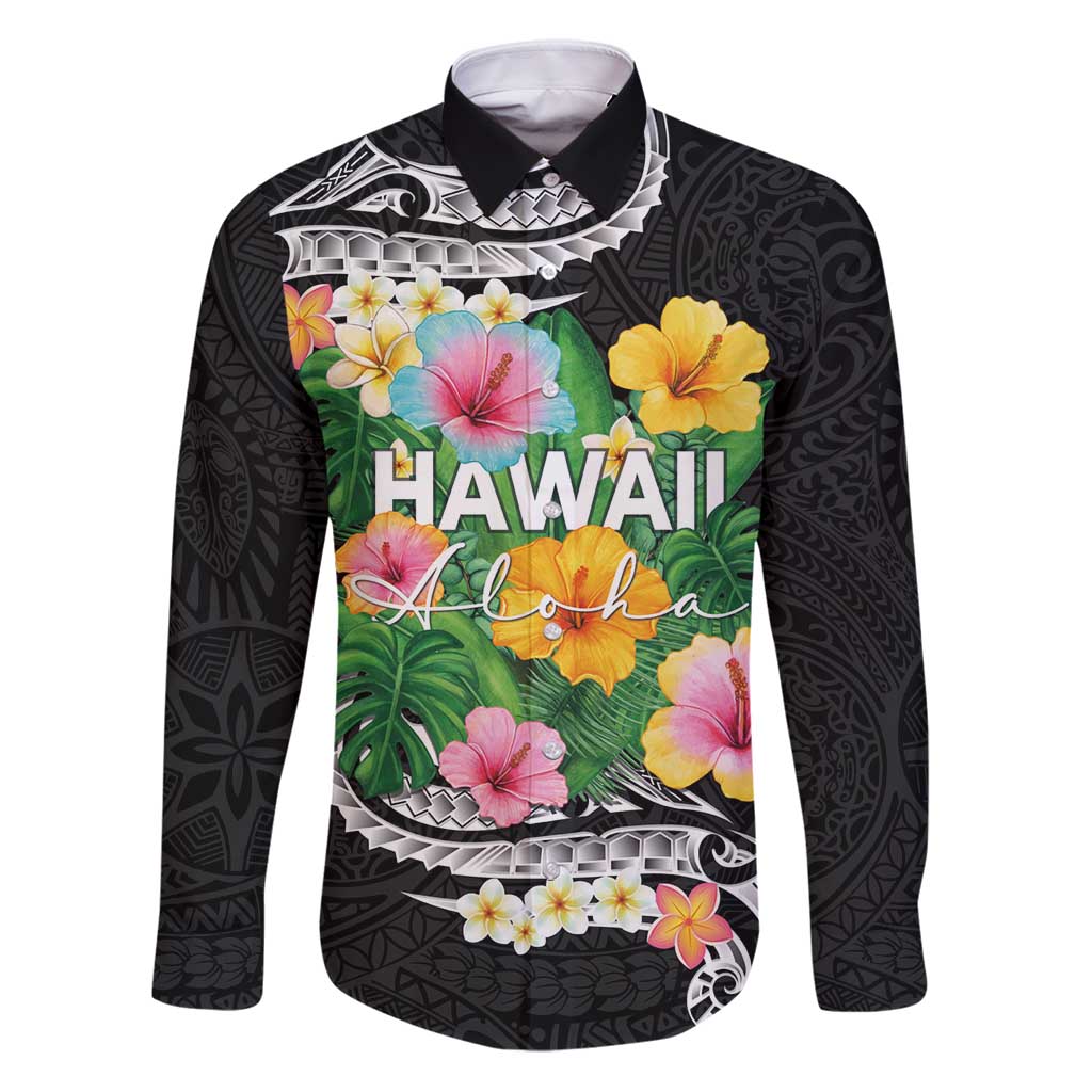Hawaii Aloha Tropical Leaves and Flower Family Matching Puletasi and Hawaiian Shirt with Polynesian Art Tattoo Black Color LT03 Dad's Shirt - Long Sleeve Black - Polynesian Pride