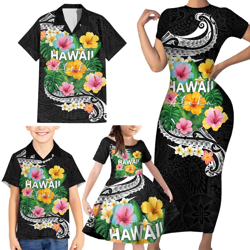 Hawaii Aloha Tropical Leaves and Flower Family Matching Short Sleeve Bodycon Dress and Hawaiian Shirt with Polynesian Art Tattoo Black Color LT03 - Polynesian Pride