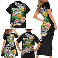 Hawaii Aloha Tropical Leaves and Flower Family Matching Short Sleeve Bodycon Dress and Hawaiian Shirt with Polynesian Art Tattoo Black Color LT03 - Polynesian Pride