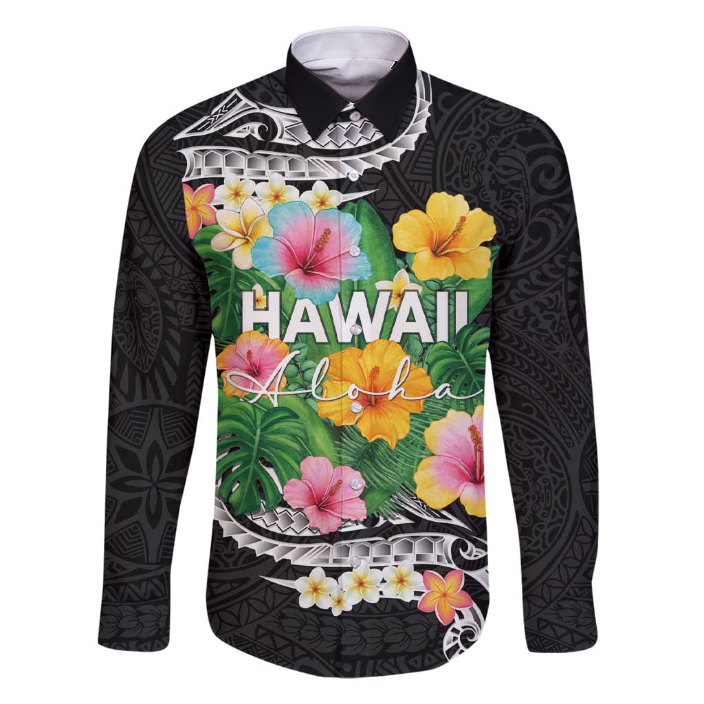 Hawaii Aloha Tropical Leaves and Flower Family Matching Short Sleeve Bodycon Dress and Hawaiian Shirt with Polynesian Art Tattoo Black Color LT03 Dad's Shirt - Long Sleeve Black - Polynesian Pride
