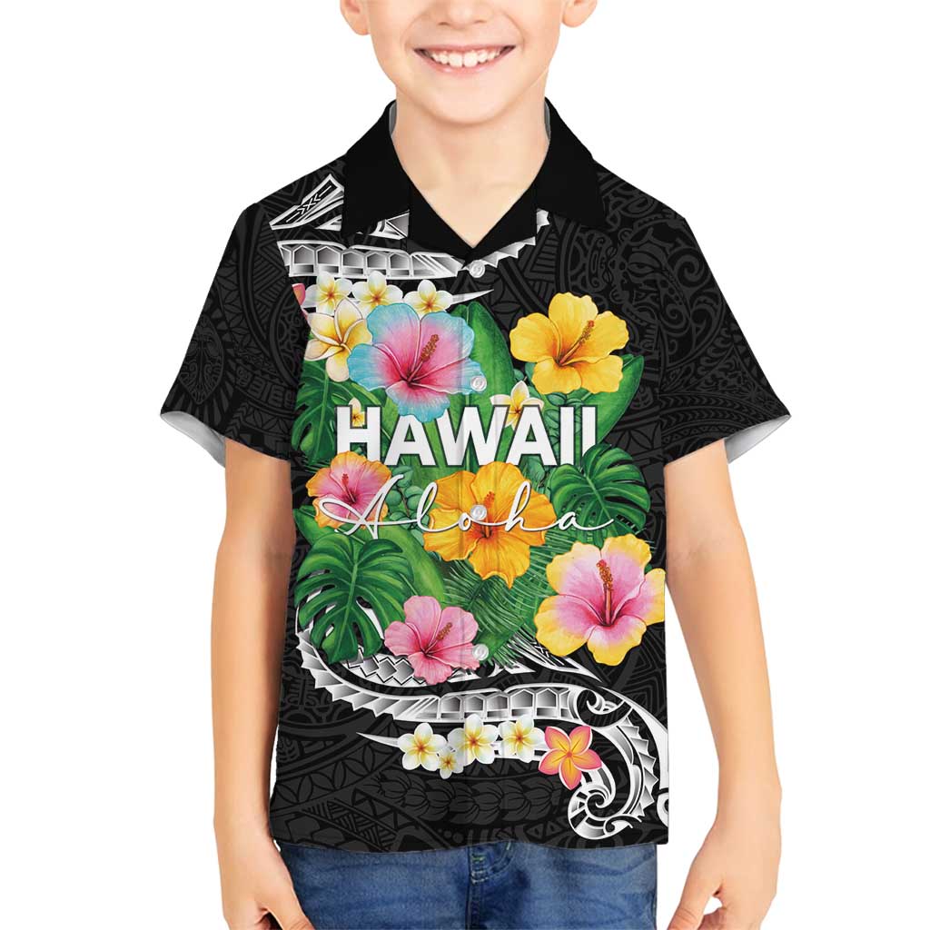 Hawaii Aloha Tropical Leaves and Flower Family Matching Summer Maxi Dress and Hawaiian Shirt with Polynesian Art Tattoo Black Color LT03 Son's Shirt Black - Polynesian Pride