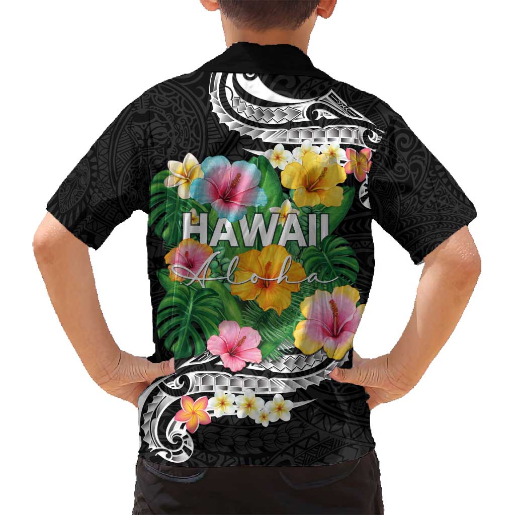 Hawaii Aloha Tropical Leaves and Flower Family Matching Tank Maxi Dress and Hawaiian Shirt with Polynesian Art Tattoo Black Color - Polynesian Pride