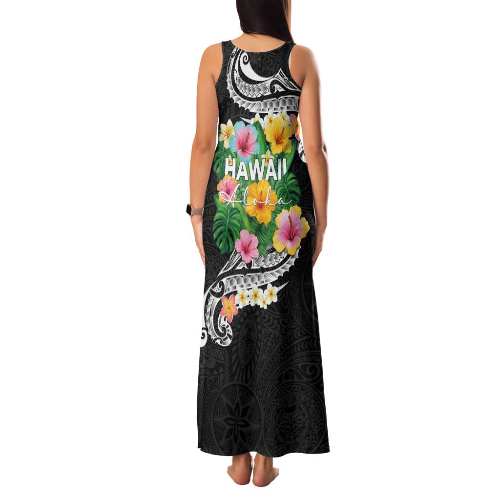 Hawaii Aloha Tropical Leaves and Flower Family Matching Tank Maxi Dress and Hawaiian Shirt with Polynesian Art Tattoo Black Color - Polynesian Pride